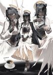  1girl animal_ear_fluff animal_ears black_hair black_jacket breasts cat_ears coffee commentary cross cross_earrings cup dark-skinned_female dark_skin dress earrings english_commentary eyepatch hair_intakes halo highres holding holding_cup holding_spoon jacket jacket_on_shoulders jewelry licking long_dress long_hair long_sleeves looking_at_viewer medium_breasts multiple_views nunsori open_mouth original pouring shoes smile spoon white_dress white_shoes yellow_eyes 