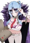  1girl absurdres adjusting_eyewear angela_(project_moon) arm_up blue_hair breasts chest_sarashi chest_tattoo closed_eyes closed_mouth commentary_request cowboy_shot hand_up highres kkomi_(project_moon) large_breasts limbus_company lobotomy_corporation long_hair middle_(identity)_(project_moon) noto12_34 one_side_up pants project_moon pubic_tattoo sarashi sidelocks simple_background solo sunglasses tattoo very_long_hair white_background white_pants whitenight_(project_moon) 