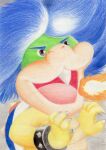 2022 anthro biped black_bracelet blue_hair blue_shell bracelet breath_powers buckteeth claws colored_pencil_(artwork) dragon_koopa elemental_manipulation finger_claws fire fire_breathing fire_manipulation hair hi_res japanese_description jewelry koopa koopaling ludwig_von_koopa male mario_bros nintendo nude open_mouth open_smile ribbon1984 scalie shell smile solo spiked_bracelet spiked_shell spikes spikes_(anatomy) teeth traditional_media_(artwork) yellow_body