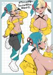  1girl :d absurdres alternate_breast_size_(larger) aqua_hair areola_slip baggy_pants bandeau black_mask blonde_hair blue_eyes blush breasts canari_(pokemon) cleavage commentary covered_nipples criss-cross_straps cropped_jacket dark-skinned_female dark_skin dot_nose fellatio_gesture grid_background heart highres huge_breasts jacket large_breasts long_sleeves looking_at_viewer mask mask_pull mega_stone mouth_mask multicolored_hair multiple_views nail_polish narrow_waist navel no_bra oha_(oha_h22) out-of-frame_censoring pants pokemon pokemon_legends:_z-a shoes short_twintails smile split-color_clothes split-color_hair standing standing_on_one_leg sweat twintails two-tone_hair two-tone_mask two-tone_pants white_shoes yellow_bandeau yellow_jacket yellow_mask yellow_nails 