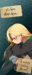  1girl absurdres black_cloak black_thighhighs blonde_hair blue_eyes blush cloak closed_mouth commentary earrings english_commentary english_text genderswap genderswap_(mtf) harry_potter_(series) highres hogwarts_school_uniform hoop_earrings jewelry khyle. long_hair long_sleeves malfoid sad school_uniform sitting solo thighhighs torn_clothes torn_thighhighs wizarding_world 