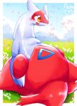 avian belly big_belly blush blush_lines border cloud felipotyphlosion female feral flower generation_3_pokemon glistening glistening_body grass hi_res huge_belly latias legendary_pokemon long_neck nintendo obese obese_female obese_feral open_mouth overweight overweight_female overweight_feral petals plant pokemon pokemon_(species) red_body red_skin signature simple_background solo thick_neck white_body white_border white_skin yellow_eyes