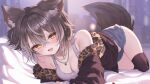  1girl absurdres animal_ears bare_shoulders blue_shorts blush breasts brown_hair brown_jacket brown_thighhighs buta_tamako chain chain_necklace cleavage commentary_request crop_top fang fur_trim grey_shirt highres jacket jewelry long_sleeves looking_at_viewer medium_breasts medium_hair micro_shorts midriff mole mole_on_breast multicolored_hair necklace off_shoulder open_clothes open_fly open_jacket open_mouth promisu rhymu_(vtuber) shirt shorts sleeveless sleeveless_shirt smile solo streaked_hair tail thighhighs thighs torn_clothes torn_shorts virtual_youtuber wolf_ears wolf_girl wolf_tail yellow_eyes 