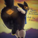 absurd_res anal_request anthro anus balls bandage bandaged_arm bandaged_leg bedroom_eyes begging big_butt big_penis black_body black_fur blush bodily_fluids butt canid canine casualties:_unknown clothing cum cum_on_face digital_media_(artwork) erection expie_(gunsawian) eyeshadow fur genital_fluids genitals gunsawian hi_res huge_butt humanoid_genitalia humanoid_penis looking_at_viewer makeup male mammal narrowed_eyes nude open_mouth penis perineum scarf scrotum_flap seductive simple_background smolreapy solo tail text thick_thighs