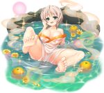  1girl aqua_eyes arm_support bare_shoulders bathing blush bob_cut breasts collarbone fang feet flower food fruit fruit_on_liquid full_body grey_hair japanese_clothes kimono large_breasts looking_at_viewer lying m_legs maeda_matazaemon_wanko_toshie mtu_(orewamuzituda) official_art on_back onsen open_clothes open_kimono open_mouth partially_submerged rock see-through_clothes sengoku_koihime short_hair sidelocks smile soles solo spread_legs steam thighs third-party_source water wet wet_clothes yuzu_(fruit) yuzu_bath 