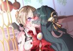  2girls astra_yao black_hair blonde_hair blurry blurry_background blush braid commentary depth_of_field english_commentary evelyn_chevalier frilled_sleeves frills hair_bun hair_intakes hair_ornament hand_on_another's_cheek hand_on_another's_face heart heart_in_eye highres holding holding_spatula indoors judy_alter kiss long_hair long_sleeves multiple_girls purple_eyes red_shirt shirt single_hair_bun sleeveless sleeveless_shirt spatula straight_hair surprise_kiss surprised symbol_in_eye upper_body white_shirt yuri zenless_zone_zero 