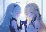  2girls absurdres ahoge blonde_hair blue_eyes commentary_request earrings extra_pupils female_tyrant_(stella_sora) from_side gloves grey_hair hairband highres jewelry long_hair looking_at_another multiple_girls natsumeg noya_(stella_sora) one_eye_closed open_mouth pinky_swear pointy_ears smile star-shaped_pupils star_(symbol) stella_sora symbol-shaped_pupils tyrant_(stella_sora) 
