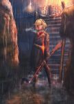  1girl barbed_wire bayonet black_boots black_gloves black_pants blonde_hair blue_eyes boots cigarette coat commentary english_commentary gloves grey_coat gun half-closed_eyes highres holding holding_gun holding_weapon jhands_onpc lace-up_boots mouth_hold night original outdoors pants pump_action rain short_hair shotgun smoke smoking solo trench trench_shovel wading water weapon winchester_model_1897 