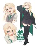  1girl artist_name black_cloak black_shoes black_sweater_vest black_thighhighs blonde_hair breasts cleavage cloak commentary earrings full_body genderswap genderswap_(mtf) green_eyes green_necktie grey_sweater_vest hair_between_eyes harry_potter_(series) highres hogwarts_school_uniform holding holding_wand hoop_earrings jewelry knifecat loafers long_hair looking_at_viewer malfoid medium_breasts necktie open_mouth school_uniform shirt shoes simple_background smile standing sweater_vest thighhighs wand white_background white_shirt wizarding_world zettai_ryouiki 