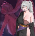  1boy 1girl absurdres ahoge alternate_costume alternate_hairstyle breasts chioomie cleavage collarbone completely_nude doggystyle hair_ornament hairclip hand_on_own_hip highres huge_breasts long_hair looking_at_viewer nipples nude open_mouth ponytail purple_lips saliva sex sex_from_behind sweat tongue tongue_out white_hair yellow_eyes yixuan_(zenless_zone_zero) zenless_zone_zero 