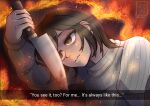  1girl absurdres angela_orosco black_eyes black_hair blood blood_on_knife commentary depressed english_commentary english_text fingernails fire highres hiiro_yami holding holding_knife kitchen_knife knife sad silent_hill_(series) silent_hill_2 subtitled sweater teeth upper_teeth_only white_sweater 