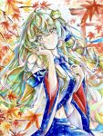  1girl autumn_leaves blue_skirt closed_mouth collared_shirt commentary_request detached_sleeves frog_hair_ornament green_eyes green_hair hair_between_eyes hair_ornament hair_tubes highres kazu_(pixiv_73870096) kochiya_sanae leaf long_hair looking_at_viewer maple_leaf navel shirt single_hair_tube skirt sleeveless sleeveless_shirt smile snake_hair_ornament solo torii touhou traditional_media white_shirt 