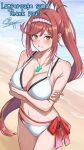  1girl alternate_costume beach bikini breasts chest_jewel cleavage commentary_request core_crystal_(xenoblade) glimmer_(xenoblade) halterneck highres large_breasts long_hair looking_at_viewer nervous ocean ponytail red_hair shiny_skin signature solo string_bikini surippa1010 swimsuit thank_you thighs triangle_bikini_top white_bikini xenoblade_chronicles_(series) xenoblade_chronicles_3 xenoblade_chronicles_3:_future_redeemed 