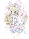  1girl 2000s_(style) :o absurdres ahoge alternate_costume angel_wings animal_ear_hairband animal_ears animification blonde_hair blush_stickers bow breasts character_doll chinese_commentary choker colored_skin commentary_request cosplay crown curly_hair doll dress fake_animal_ears faux_retro_artstyle frilled_choker frilled_dress frilled_hairband frills gloves hair_between_eyes hair_bow hair_intakes hair_ornament hairband hairclip heart heart_hair_ornament highres hime_lolita humanization lace-trimmed_bow lace_trim lolita_fashion lolita_hairband long_hair looking_at_viewer minecraft_youtube my_melody my_melody_(cosplay) my_melody_(series) pastel_colors pink_bow pink_dress pink_hairband princezam rabbit_ear_hairband rabbit_ears ringlets sanrio simple_background single_blush_sticker small_breasts solo sweet_lolita unstable_universe very_long_hair white_background white_choker white_gloves wings yellow_eyes yellow_skin yume_kawaii zhayangyu20032 