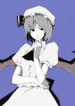  alternate_hairstyle ascot brooch hand_on_own_chin hands hat jewelry lefthand light_smile lips monochrome puffy_sleeves remilia_scarlet short_hair short_sleeves simple_background solo teenage touhou wings 