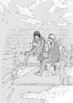  book bookshelf chair closed_eyes cup drinking greyscale male_focus monochrome mouse mug multiple_boys nezumi_(no.6) no.6 room shion_(no.6) short_hair sitting smile vio82 