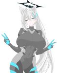  1girl absurdres ahoge alternate_breast_size_(larger) alternate_costume animal_ear_fluff animal_ears blue_archive blue_eyes blush bodysuit breasts breasts_apart broken_halo cassava_sketch commentary contrapposto covered_navel cowboy_shot cross cross_hair_ornament diamond-shaped_pupils diamond_(shape) double_v extra_ears hair_between_eyes hair_intakes hair_ornament halo hands_up high_ponytail highres huge_ahoge huge_breasts inverted_cross long_hair looking_ahead looking_down mismatched_pupils multicolored_bodysuit parted_lips ponytail shiroko_(blue_archive) shiroko_terror_(blue_archive) simple_background solo standing symbol-shaped_pupils v very_long_hair white_background white_hair wolf_ears wolf_girl 