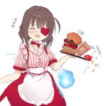  +++ 1girl :d ^_^ accident apron blunt_bangs blush bob_cut brown_hair burger closed_eyes commentary cowboy_shot eyepatch facing_viewer food french_fries hand_up heart heart_eyepatch heaven_burns_red highres hiiragi_kozue hitodama holding holding_tray medium_hair official_alternate_costume one_eye_covered open_mouth pink_shirt red_skirt rinki_oohen shirt short_sleeves simple_background sketch skirt smile solo striped_clothes striped_shirt tray vertical-striped_clothes vertical-striped_shirt waist_apron waitress white_apron white_background 