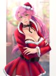  1girl absurdres arms_under_breasts artist_name belt black_belt black_bow black_bra black_choker blurry blurry_background bow bow_choker bra breasts choker christmas_wreath cleavage closed_mouth collarbone commentary cowboy_shot crossed_arms curtained_hair double-parted_bangs dress eiyuu_densetsu fishnet_bra floating_hair fur-trimmed_dress fur_trim hair_between_eyes hat highres large_breasts lens_flare long_hair looking_at_viewer manu-chann mini_hat mini_santa_hat outside_border pillarboxed pink_hair pink_lips pom_pom_hat_ornament ponytail red_dress santa_costume santa_dress santa_hat sara_valestein sen_no_kiseki_(series) smile solo underwear untranslatable_commentary watermark wreath yellow_eyes 