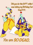 animal_crossing ankha_(animal_crossing) annoyed areola barely_visible_areola birthday blue_hair blush breasts claws clothing cross-popping_vein dialogue domestic_cat english_text felid feline felis female furrowed_eyebrows gesture glistening glistening_body hair hairless hairless_cat hand_gesture hat headgear headwear humor inkdoll jewelry mammal markings meme necklace nintendo panties party_hat pointing polka_dots prank red_clothing red_panties red_underwear reptile scalie side_boob simple_background snake sphynx_(cat) striped_hair striped_markings striped_tail stripes tail tail_markings text underwear unfinished villager_(animal_crossing) yellow_body