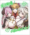  3girls armor asymmetrical_docking azusa_(granblue_fantasy) black_collar black_gloves blonde_hair blue_eyes blush braid breast_press breasts brooch brown_horns closed_mouth collar commentary_request draph dress earrings elbow_gloves gloves gollizo granblue_fantasy green_background hair_ornament hairclip heart heart_brooch high_ponytail horns japanese_clothes jewelry kimono large_breasts large_horns long_bangs long_hair looking_at_viewer looking_to_the_side lower_teeth_only mirin_(granblue_fantasy) multiple_girls narmaya_(granblue_fantasy) one_eye_covered open_mouth orange_ribbon pink_hair pink_ribbon pointy_ears ponytail purple_dress red_eyes ribbon shoulder_armor sideboob simple_background smile teeth tongue two-tone_dress white_background white_dress white_horns yukata 