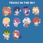  4boys 6+girls agate_crosner animal_on_shoulder bird bird_on_shoulder black_eyes black_gloves black_hair blonde_hair blue_background blue_eyes bo_staff brown_eyes brown_hair cannon card chibi chibi_only coat commentary copyright_name crossbow dual_wielding earrings eiyuu_densetsu english_commentary estelle_bright facial_mark fingerless_gloves forehead_mark gloves goggles goggles_on_head green_eyes green_gloves green_hair green_headband grey_hair hair_intakes hair_ribbon hat headband highres holding holding_cannon holding_card holding_crossbow holding_instrument holding_scythe holding_staff holding_stuffed_toy holding_sword holding_weapon instrument jewelry jigglepuddz joshua_bright kevin_graham kloe_rinz long_hair multiple_boys multiple_girls nun nun_headdress olivert_reise_arnor one_eye_closed open_mouth purple_eyes purple_hair red_eyes red_hair red_hat renne_(eiyuu_densetsu) ribbon ries_argent scherazard_harvey scythe sieg_(eiyuu_densetsu) simple_background skirt smile sora_no_kiseki spiked_hair staff stuffed_toy sword tita_russell twintails weapon white_coat yellow_eyes yellow_skirt 