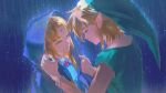  1boy 1girl adjusting_another's_clothes blonde_hair blue_cloak blue_dress blue_eyes circlet cloak collared_dress commentary dress green_tunic highres hood hood_up hooded_cloak link long_hair looking_at_another parted_bangs parted_lips phrygian_cap pointy_ears princess_zelda rain short_hair the_legend_of_zelda tunic upper_body wanou 