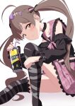  1girl absurdres ahoge alcohol belt black_belt black_collar black_nails black_shirt black_thighhighs blush brown_eyes brown_hair can closed_mouth collar commentary_request drink drink_can drinking_straw fingernails fish_skeleton_hair_ornament hair_ornament hakozaki_serika hakozaki_serika_(everyone_is_special) highres holding holding_can holding_drink idolmaster idolmaster_million_live! idolmaster_million_live!_theater_days jirai_kei kasabutap knee_up long_hair looking_at_viewer miniskirt nail_polish official_alternate_costume pink_sailor_collar pink_skirt plaid_clothes plaid_sailor_collar plaid_skirt sailor_collar shirt simple_background sitting skirt solo striped_clothes striped_thighhighs strong_zero tears thighhighs twintails underage_drinking very_long_hair white_background 