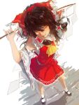  1girl absurdres ascot black_shoes bow brown_hair chest_sarashi chinese_commentary closed_eyes closed_mouth commentary_request detached_sleeves frilled_bow frilled_hair_tubes frills full_body gohei hair_bow hair_tubes hakurei_reimu highres holding holding_gohei long_hair mary_janes red_bow red_skirt ribbon-trimmed_sleeves ribbon_trim sarashi shoes skirt skirt_set smile socks solo touhou user_ynsy3544 white_socks yellow_ascot 