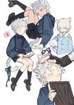  1boy aged_down animal_ears black_bow black_shorts blue_eyes blue_shirt blush book bow bowtie cat_boy cat_ears cat_tail child closed_eyes closed_mouth collared_shirt devil_may_cry_(series) gougougougou grey_hair highres holding holding_book invisible_chair kneehighs loafers long_sleeves looking_at_viewer male_focus multiple_views musical_note open_book ribbon shirt shoes short_hair shorts simple_background sitting socks speech_bubble spoken_musical_note suspender_shorts suspenders tail tail_ornament tail_ribbon vergil_(devil_may_cry) white_background white_hair 