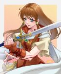  1girl blue_eyes brown_hair commission cowboy_shot fingerless_gloves fire_emblem fire_emblem:_radiant_dawn gloves highres holding holding_sword holding_weapon long_hair looking_at_viewer marth-chan_(micaiah_mrmm) mist_(fire_emblem) mist_(radiant_dawn)_(fire_emblem) orange_background orange_gloves orange_shirt outside_border pleated_skirt second-party_source shirt short_sleeves simple_background skirt solo sword watermark weapon 