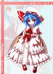  1girl 2000s_(style) arms_behind_back ascot blue_background blue_hair bow brooch brown_wings capelet character_name commentary_request demon_wings dress elehime frilled_capelet frilled_dress frills full_body hat jewelry looking_at_viewer mary_janes medium_hair mob_cap open_mouth pink_capelet pink_dress red_ascot red_bow red_eyes red_shoes remilia_scarlet shoes solo standing touhou translation_request wings zoom_layer 