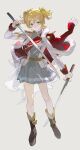  1girl absurdres aiguillette belt blonde_hair chinese_commentary closed_mouth commentary_request daiba_nana dual_wielding epaulettes full_body fur-trimmed_jacket fur_trim green_eyes green_ribbon grey_background grey_shirt grey_skirt hair_between_eyes hair_ribbon highres holding holding_sword holding_weapon jacket katana long_sleeves looking_at_viewer pleated_skirt red_jacket red_sash ribbon sash shirt short_hair short_twintails shoujo_kageki_revue_starlight shoulder_sash shuang_geng simple_background skirt solo standing sword twintails weapon white_jacket yellow_belt 