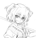  1girl 2000s_(style) blush closed_mouth commentary_request elehime greyscale hair_bobbles hair_ornament highres holding holding_stick japanese_clothes kimono looking_at_viewer monochrome onozuka_komachi short_hair simple_background sketch smile solo stick touhou two_side_up upper_body 