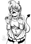  1girl ahoge belt claw_pose commentary cowboy_shot curled_fingers d: dated demon_horns demon_tail english_commentary fangs fingernails glasses greyscale halloween_costume heywood_l._edwards_(kancolle) high_contrast highres horns inktober kantai_collection long_fingernails long_hair monochrome one-hour_drawing_challenge open_mouth pleated_skirt ron_(pixiv83091338) signature simple_background skirt slit_pupils solo standing tail twitter_username white_background 