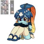  1girl artist_name blue_skin colored_sclera colored_skin commentary crossed_arms crying crying_with_eyes_open english_commentary fish_girl full_body furrowed_brow hair_ornament highres knees_to_chest minette_(skullgirls) monster_girl parta_228 sad shell simple_background sitting skullgirls solo tears thighhighs thighs twitter_username waitress white_background yellow_sclera yellow_thighhighs 