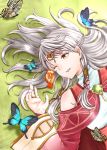  1girl aplche bare_shoulders bird bug butterfly circlet detached_sleeves fire_emblem fire_emblem:_akatsuki_no_megami gem grass hair_tubes insect long_hair long_sleeves lying micaiah nintendo on_back one_eye_closed parted_lips silver_hair turtleneck yellow_eyes yune 