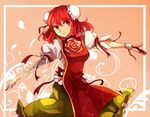  bandages bun_cover chain chinese_clothes cuffs double_bun flower ibaraki_kasen neko_ni_chikyuu outstretched_arms pink_eyes pink_hair rose shackles skirt smile solo touhou 