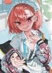  1girl absurdres ahoge akita_kang bed black_halo black_nails blue_archive blush braid breasts curtains floral_print_jacket halo highres hospital_bed huge_ahoge jacket looking_at_viewer maid_headdress mole mole_under_each_eye mole_under_eye multiple_moles necktie neru_(blue_archive) open_mouth orange_hair partially_unbuttoned plant potted_plant print_jacket railing reaching reaching_towards_viewer red_eyes short_hair single_braid sitting solo sukajan tag undone_necktie 