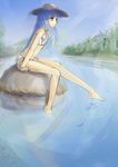  barefoot bikini blue_hair flat_chest frown hat hinanawi_tenshi long_hair mossari_poteto red_eyes river rock sitting sketch soaking_feet solo swimsuit touhou water wavy_mouth white_bikini 