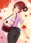  1girl absurdres ass autumn_leaves bag belt black_bow black_pants blush bow braid braided_hair_rings breasts brown_belt clothing_cutout commentary_request cowboy_shot from_behind hair_bow hair_rings handbag highres idolmaster idolmaster_million_live! idolmaster_million_live!_theater_days leaf looking_at_viewer looking_back matsuda_arisa official_alternate_costume official_alternate_hairstyle open_mouth pants pink_shirt red_eyes red_hair shirt shoulder_cutout smile solo standing tanukiinu005 tight_clothes tight_pants turning_head 