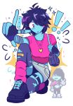  ! !! ... 1other ahoge alternate_costume bag bandaged_arm bandaged_fingers bandages bandaid bandaid_on_clothes bandaid_on_leg black_hair blue_skin colored_skin commentary cropped_shirt deltarune fingerless_gloves flying_sweatdrops gloves hair_over_one_eye heart_pendant highres kharxsho kneeling kris_(dark_world)_(deltarune) kris_(deltarune) leg_warmers medium_hair midriff miniskirt o-ring o-ring_thigh_strap on_one_knee one_eye_covered pink_eyes pink_leg_warmers pink_shirt reference_inset shirt shoulder_bag skirt solo sparkle speech_bubble spoken_ellipsis star_pendant thigh_strap thighhighs torn_clothes torn_thighhighs utdr_(toby_fox) w white_background 