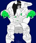 anthro big_penis black_hair english_text eyewear generation_3_pokemon genitals glasses hair halloween hi_res holidays huge_penis male mummy_costume mummy_wrappings muscular muscular_male nintendo penis pokemon pokemon_(species) riku9797 riku_(riku9797) solo text white_body zangoose