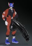abs ailurid anthro balls baseball_cap big_balls big_penis black_balls black_body black_fur black_penis blue_clothing blue_footwear blue_shoes clothing ear_piercing ear_ring footwear foreskin fur genitals hat headgear headwear hi_res huge_balls huge_penis hyper hyper_balls hyper_genitalia hyper_penis jewelry male mammal muscular musk necklace nike nipples penis piercing red_(vikifox) red_body red_fur red_panda ring_piercing scrotum_flap shoelaces shoelaces_untied shoes smile smirk sneakers socks solo standing text thugfox url vikifox