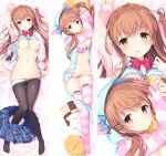  1girl animal_hood black_pantyhose blue_bra blue_panties blue_skirt bow bowtie bra bra_lift breasts cardigan censored censored_nipples clothes_lift clothes_pull commentary_request dakimakura_(medium) heart heart_censor highres himeno_sena hood kimishima_ao koi_kakeru_shin-ai_kanojo long_hair looking_at_viewer lying medium_breasts merchandise_available multiple_views navel on_back on_side one_side_up orange_hair panties panty_pull pantyhose pantyhose_pull parted_lips pink_bra pink_cardigan pink_panties pink_theme plaid_clothes plaid_skirt pleated_skirt red_bow red_bowtie second-party_source skirt skirt_around_one_leg underwear yellow_eyes 