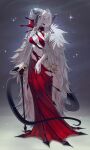  1girl absurdres braid breasts cane closed_mouth commentary dragon_girl dragon_horns dragon_tail dress full_body furry furry_female grey_background hair_ornament hand_on_cane highres holding holding_cane horns khomche long_hair looking_to_the_side medium_breasts original purple_eyes red_dress solo tail torn_clothes torn_dress untranslatable_commentary very_long_braid white_background white_hair 