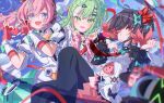 3girls absurdres angels_of_delusion aria_(human)_(zenless_zone_zero) aria_(zenless_zone_zero) arm_warmers asymmetrical_bangs black_hair black_sleeves blonde_hair blue_eyes blush bow breasts choker commentary_request dress fingerless_gloves fingernails four-finger_heart_hands gloves green_bow hair_between_eyes hair_bow heart heart_hands highres houmurua leg_warmers long_hair looking_at_viewer medium_breasts multiple_girls nangong_yu navel one_eye_closed open_mouth phone pink_bow pink_nails red_eyes shirt smile striped_arm_warmers sunna_(zenless_zone_zero) white_dress white_shirt zenless_zone_zero 