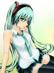  absurdres aqua_eyes aqua_hair arm_support bad_id bad_pixiv_id bare_shoulders hatsune_miku headphones highres kemeko_(s065026) long_hair necktie sitting skirt solo thighhighs twintails very_long_hair vocaloid vocaloid_(lat-type_ver) 