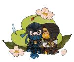  2boys a_miao black_gloves brown_eyes chibi chibi_only closed_eyes commentary fingerless_gloves flower food gloves green_tea holding holding_food hood hood_up japanese_clothes kiss male_focus mask mochi mortal_kombat_(series) mouth_mask multiple_boys pink_flower scar scar_across_eye scar_on_face scorpion_(mortal_kombat) simple_background sitting sub-zero tea untranslatable_commentary yaoi 