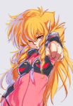  80s blonde_hair bodysuit clenched_hand drill_hair hair_over_one_eye iczer-1 iczer_(series) kawata_hisashi long_hair oldschool pilot_suit pink_bodysuit pointy_ears red_eyes simple_background sketch solo tatakae!!_iczer-1 